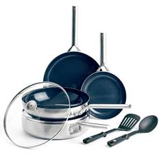 Blue Diamond kokkärl trippel stål rostfritt stål diamant förstärkt keramisk nonstick 7-delar köksredskap kastruller och stekpanna, stekpanna, stekpanna, PFAS-fri, multipläterad, induktion, ugnssäker,