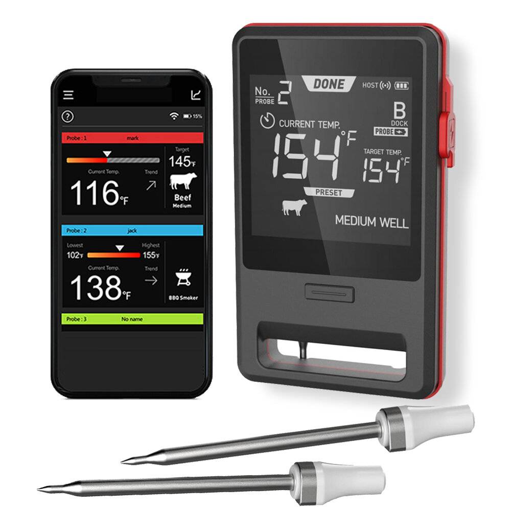 AGSIVO Bluetooth trådlös kötttermometer med 2 köttprober 165ft Lång räckvidd Digital termometer Smarta varningar för gri
