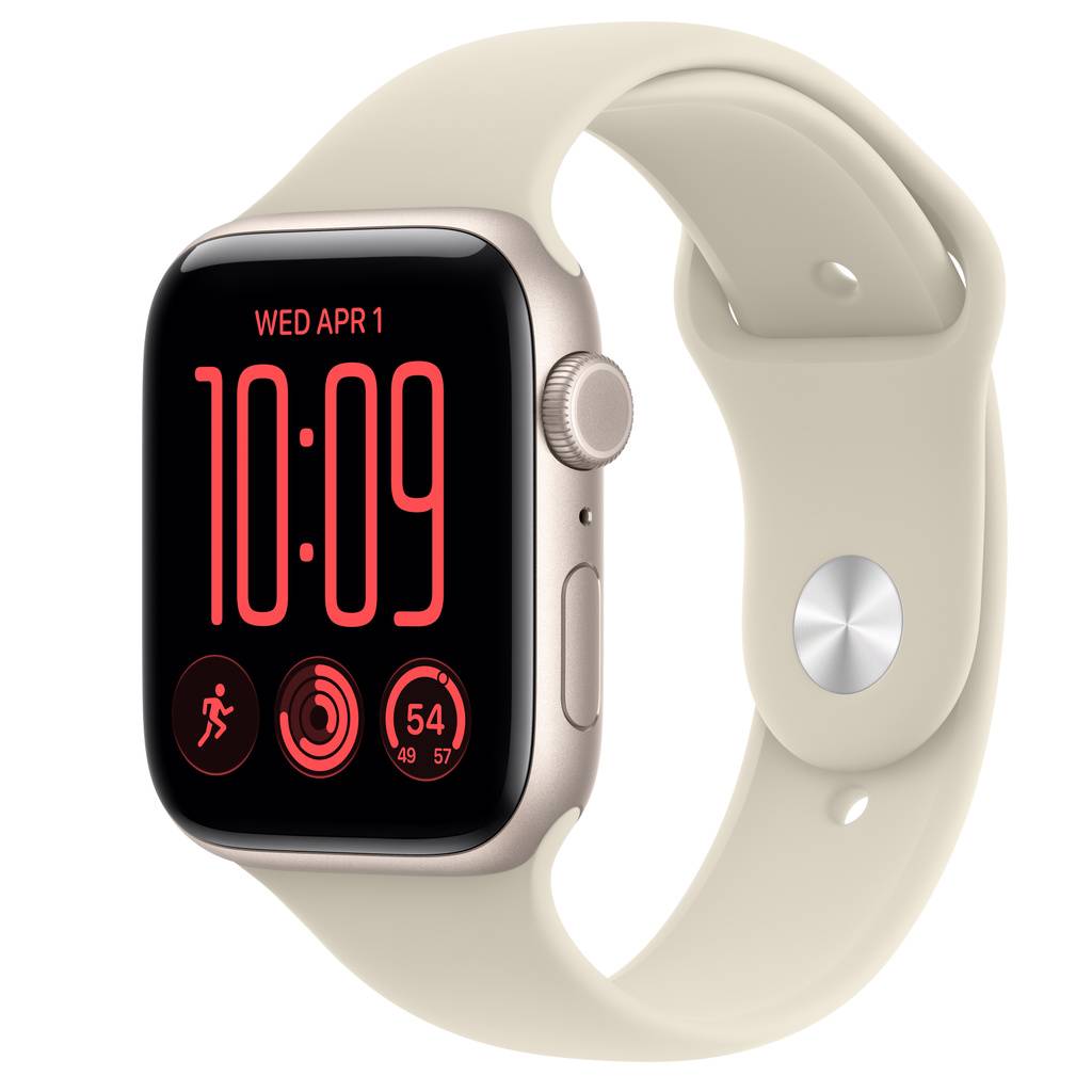 Apple Watch SE 3 (GPS + Cellular) • Aluminiumboett stjärnglans, 44 mm • Sportband sand – S/M