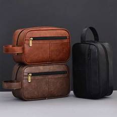 Men Waterproof Travel Toiletries Storage Bag Portable Makeup Organiser Zipper Handbags Retro Stitching Pu Leather Toiletry Bag Large Capacity Travel B - Multicolor - Black,Brown,Dark Brown