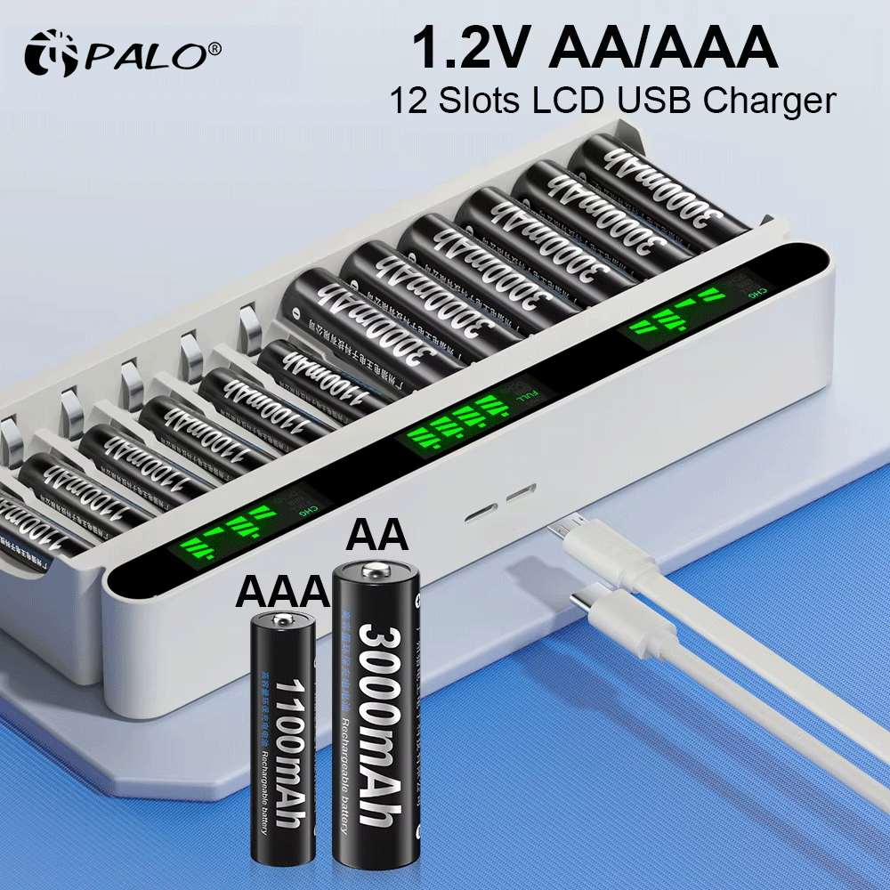 PALO 1.2V AA AAA NIMH Rechargeable Battery Batteries 2A 3A With 12 Slots LCD USB Fast Battery Charger for 1.2V AA AAA Battery