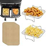 2 stycken varmluftsfritös i 304 rostfritt stål, grillgaller med 100 stycken bakplåtspapper kompatibelt med Ninja Foodi AF300EU AF400EU, torkställ, varmluftsfritösset för Ninja Foodi AF300EU Dual Zone Air Fryer