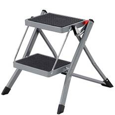 2-trins Stige, Foldestige, 20 Cm Brede Trin Beklædt med Glidende Gummi, med Håndtag, Max. Statisk Belastning 150 Kg, Stål, Grå og Sort