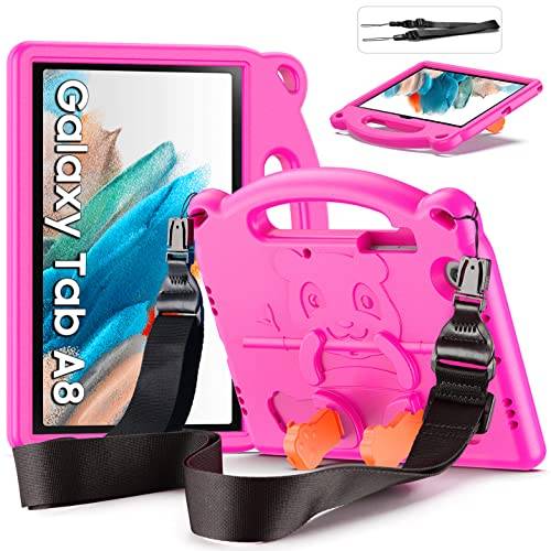 DUZZONA Fodral för Samsung Galaxy Tab A8 10,5" 2021 (SM-X200/SM-X205/SM-X207), med halkfritt handtag och axelrem, hopfällbart handtag för barn, magenta