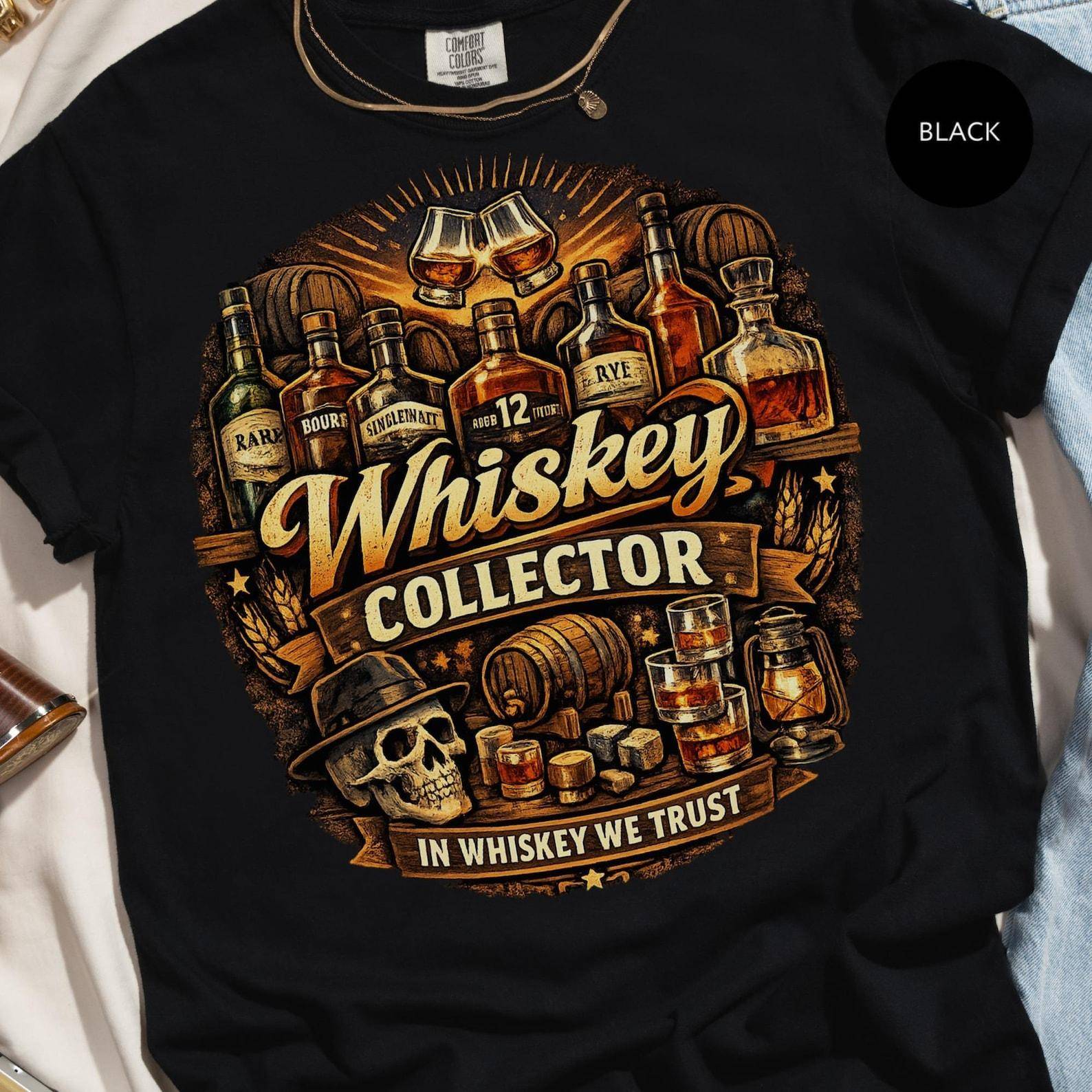 Whiskey Samlare T-shirt, Bourbon Älskare Gåva för Män, Vintage Skalle & Flaskor Grafisk T-shirt, I Whiskey Litar Vi på Skjorta cm
