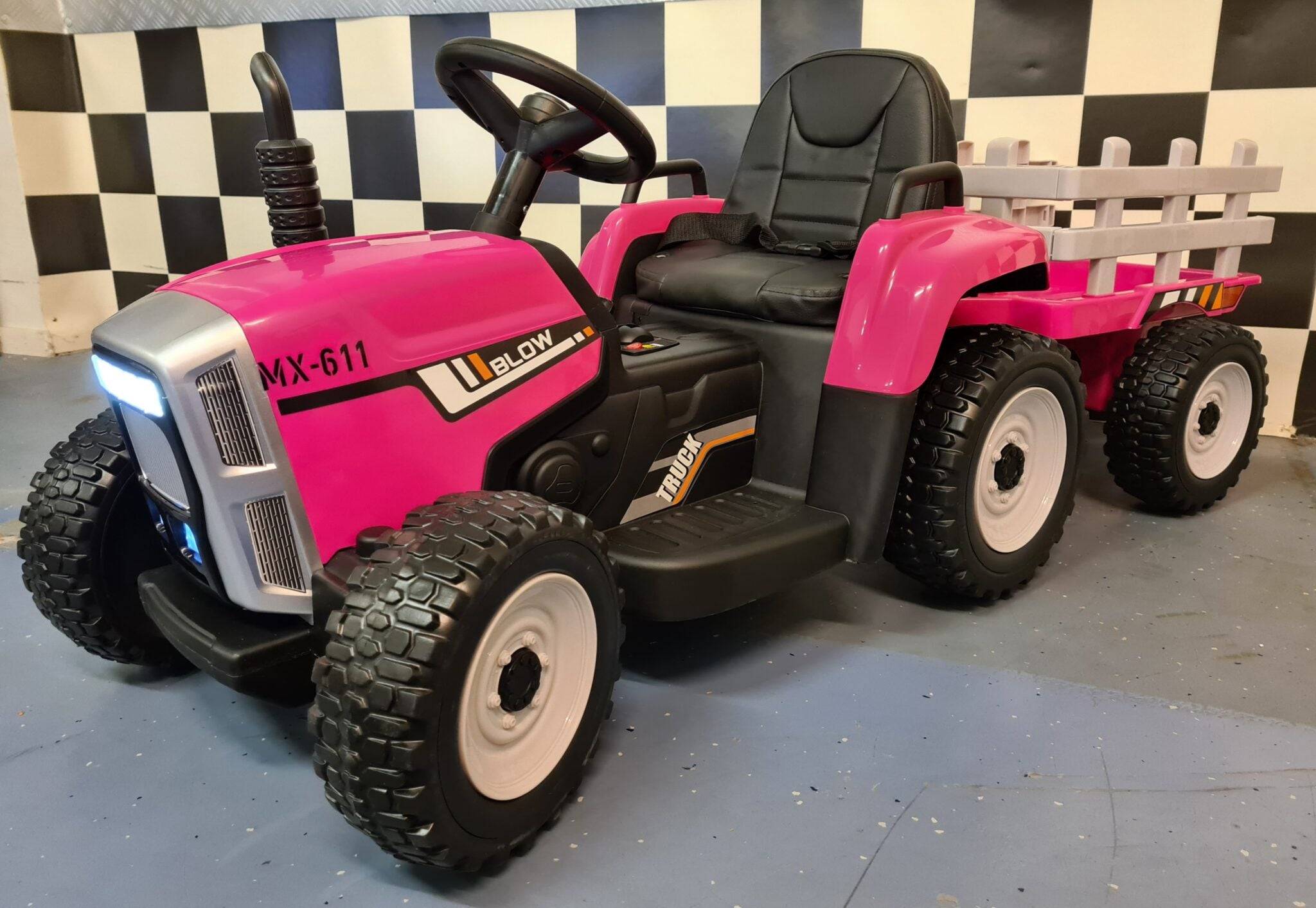 Børne-traktor 12 volt med trailer i pink