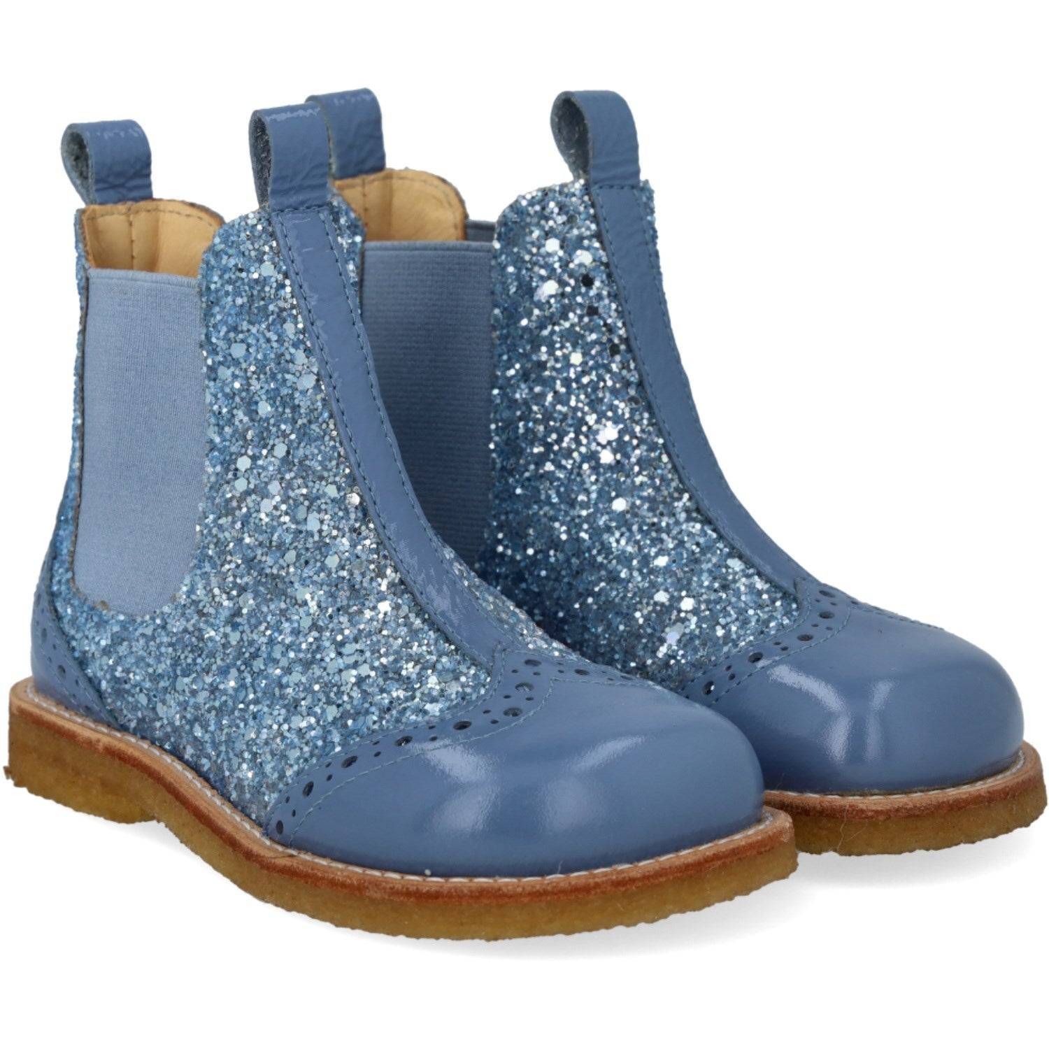 Angulus Blue Daisy/Blue Ice/Blue Elastic Chelsea Støvle Med Glitter Og Brogues Detaljer Str. 27
