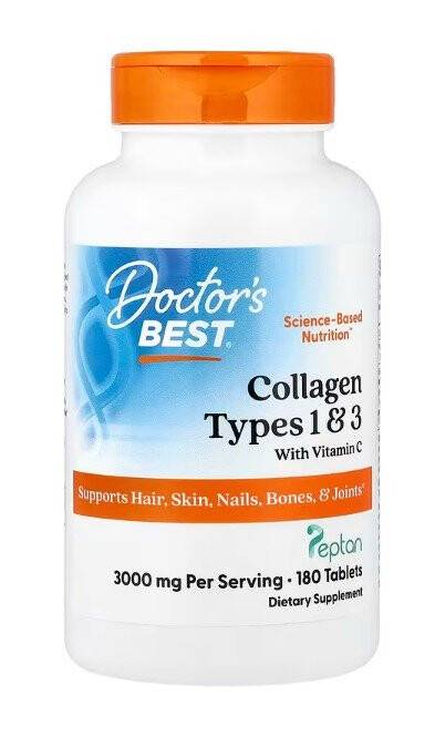 Collagen Typer 1 och 3 med Peptan och Vitamin C 3000 mg, 180 tabs