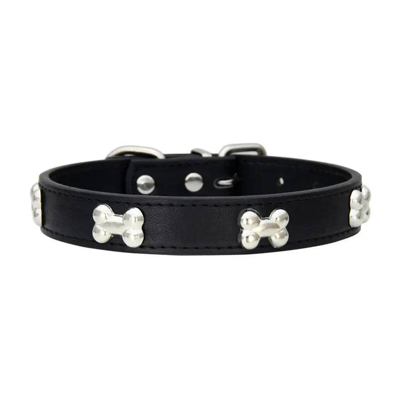 Durable Leather Dog Collar with Bone Design for Small to Large Dogs - black / L