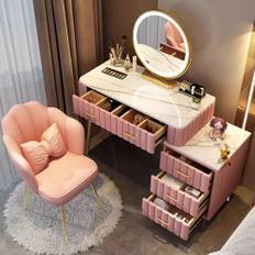 TAITUTE Sminkbord set med stol toalettbord med 3 LED-speglar, sminkbord med förvaringsfack, 5 lådor och pall, sovrum sminkbord för flickor, rosa