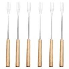 Set med 6 ostfonduegafflar, rostfritt stål fonduegafflar, ostbestick med värmebeständigt handtag för ost, choklad, marshmallowkött (träfärg)