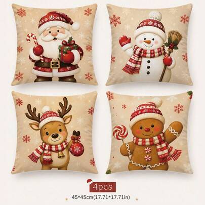 4 st vintage julkuddfodral för vintern med beige bakgrund, söta tryck av jultomte, snögubbe, ren och pepparkaksgubbe, 40*40 cm/45*45 cm/50*50 cm, juld - Multifärgad (40*40,45*45,50*50)