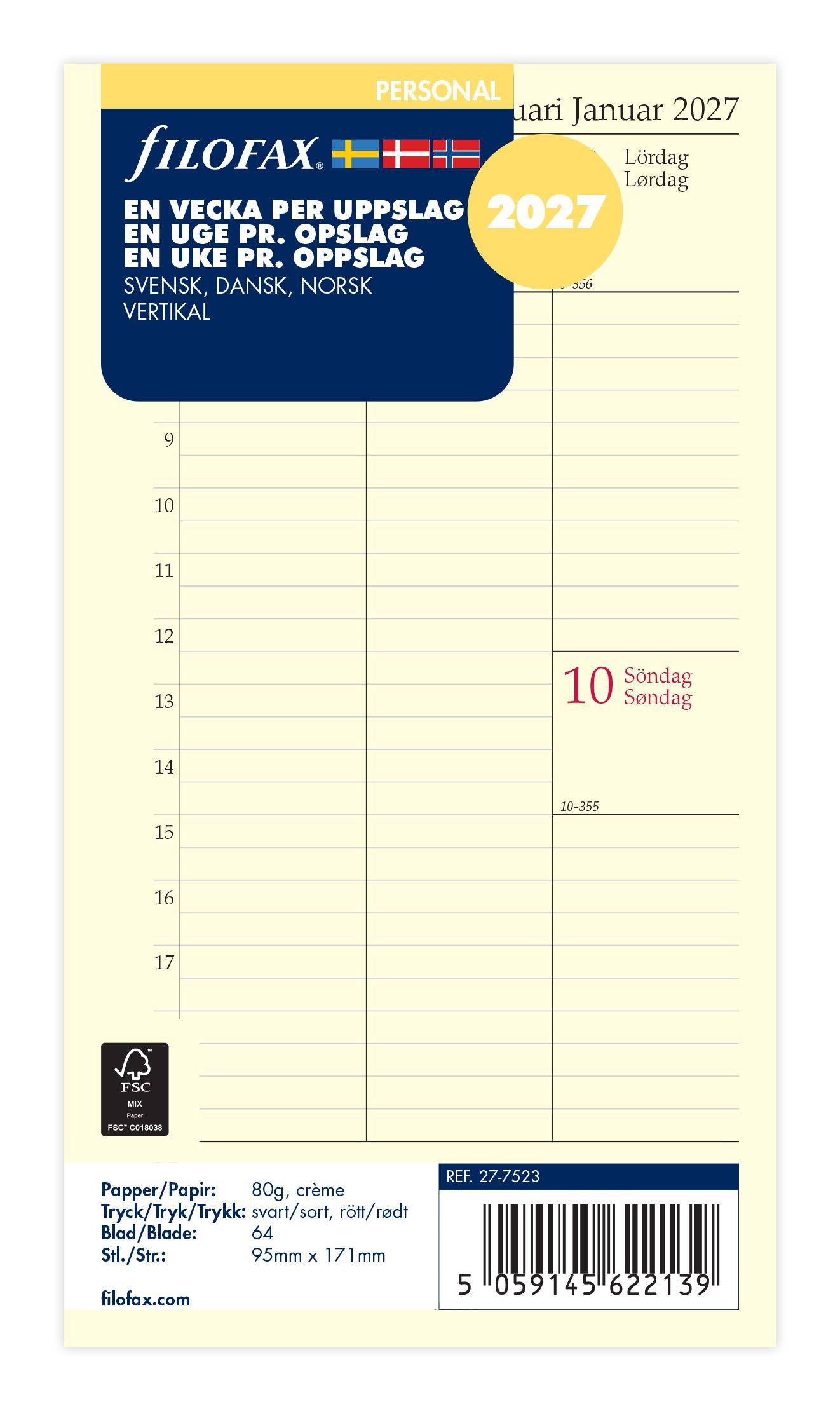 FILOFAX REFILL EN UGE PR OPSLAG VERTIKAL PERSONAL 2027