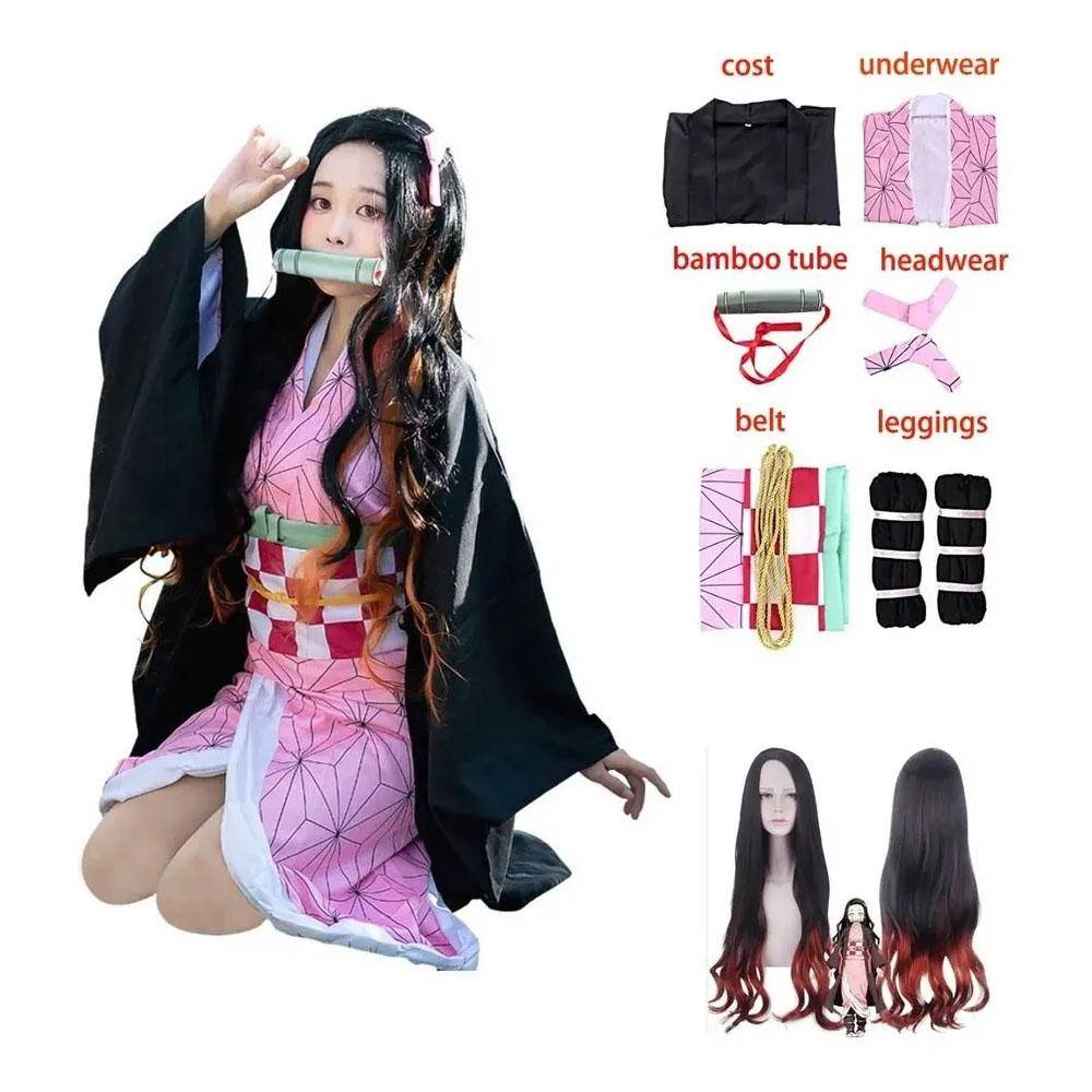 Vuxna kvinnor Anime Demon Slayer Kamado Nezuko Cosplay Peruk Lång Lockig Dräkt Kimono Kostym Kläder Barn Flickor cm