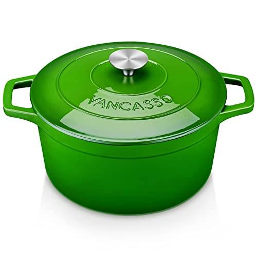 vancasso Grön induktionsgryta, gjutjärnsgryta 5 l, non-stick-gryta, ugnssäker för gryta, soppa, med lock, rund, näringsrik och läcker, 26 x 13 cm