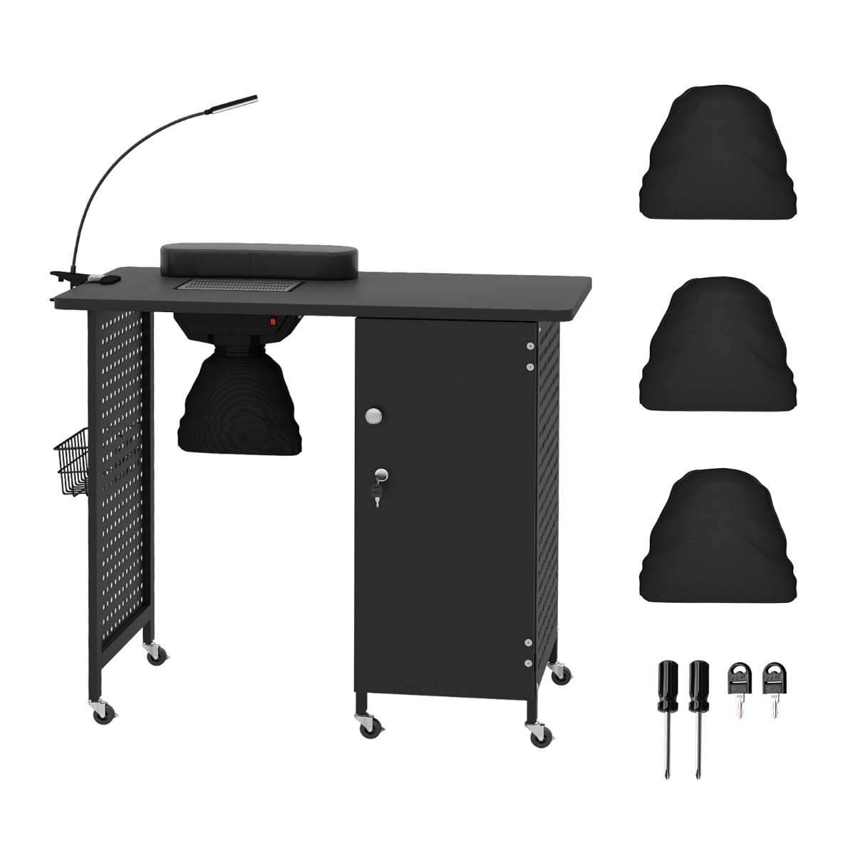 Manicurebord med ventilator, aflåselig opbevaring og 6 hjul