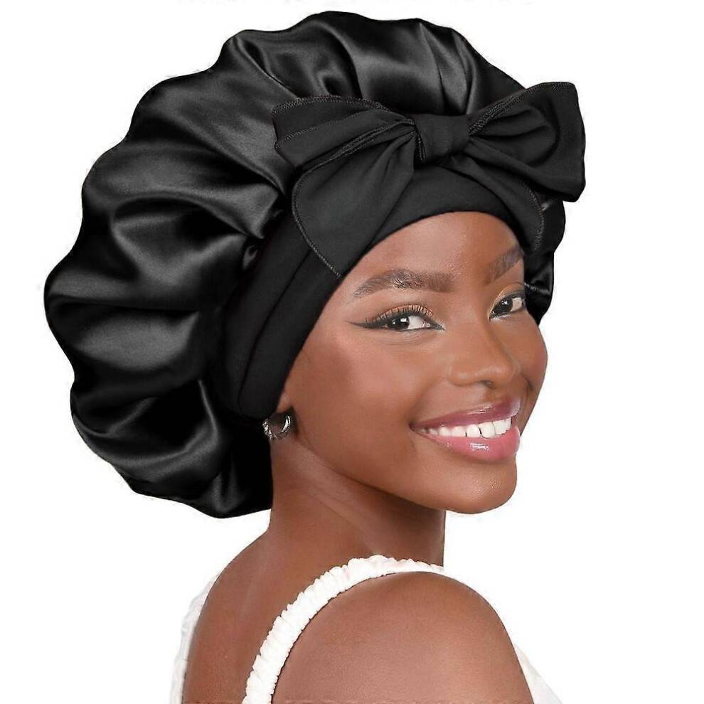 (42cm, Black) Silk Bonnet for Sleeping Women Adjustable Double Layer Satin Bonnet Reduce Friction Prevent Frizz Natural Curly Hair