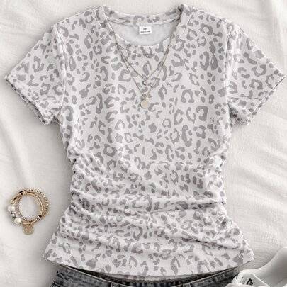 T-shirt för tweenflickor, avslappnad och söt topp i svartvit leopardmönstrad trikå, slim fit, för skola och sommarlov - Multifärgad (8Y,9Y,10Y,11Y,12Y)