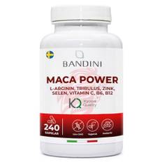 Bandini® MACA POWER 240 kapslar - 2 månaders leverans - Svart Maca + Arginine Kyowa® + Tribulus + Vitamin C + Zink + B6 + B12 + Selen - Förstärkare av vitalitet, styrka och energi - Vegansk, Glutenfri