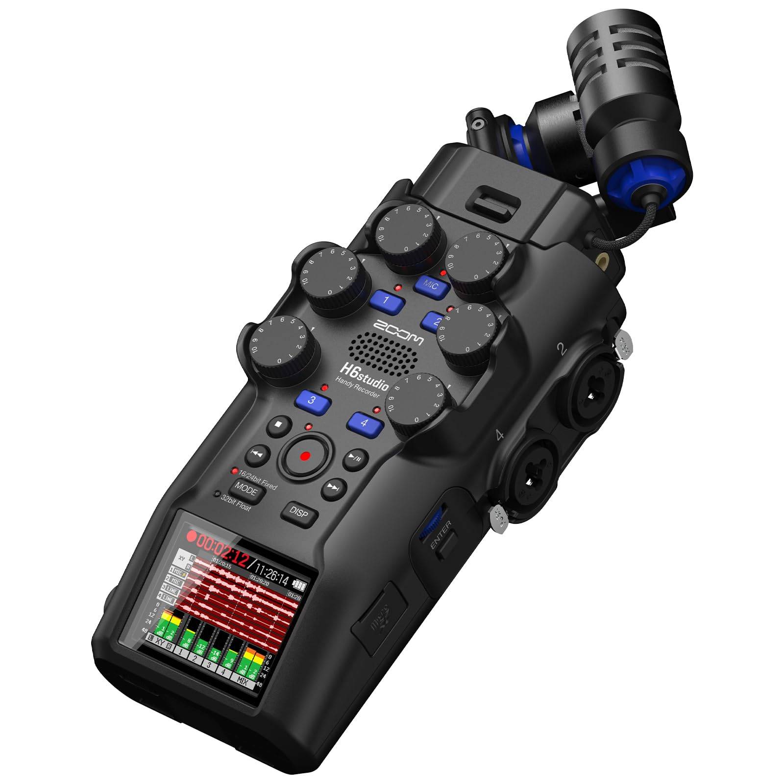 ZOOM H6 Studio Handy Recorder with 32-bit Float Recording, 16/24-bit Switchable, and Interchangeable Mic Capsules. Up to 6 Inputs and 8 Tracks, Ideal