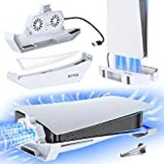 Kytok PS5-stativ med tyst fläkt, förbättrat vertikalt och horisontellt PS5-stativ för PS5-skiva och digital konsol med PS5-fläktkylare, Playstation 5-tillbehör med USB-kabel, vit