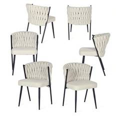 Scandinavia set med 6 matstolar, fåtölj och schäslong, med integrerade armstöd och ryggstöd, ryggstöd med vriden textur, 9 cm tjock dyna, metallram, p - Beige