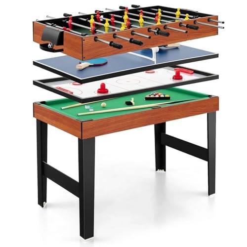 COSTWAY Multi Spelbord, 4 i 1 bordsfotboll med biljard, hockey, bordtennis, multifunktionsbord bordsfotboll med tillbehör, kickerbord för lekrum, fester, barer, 125 x 97 x 83 cm (Natur)