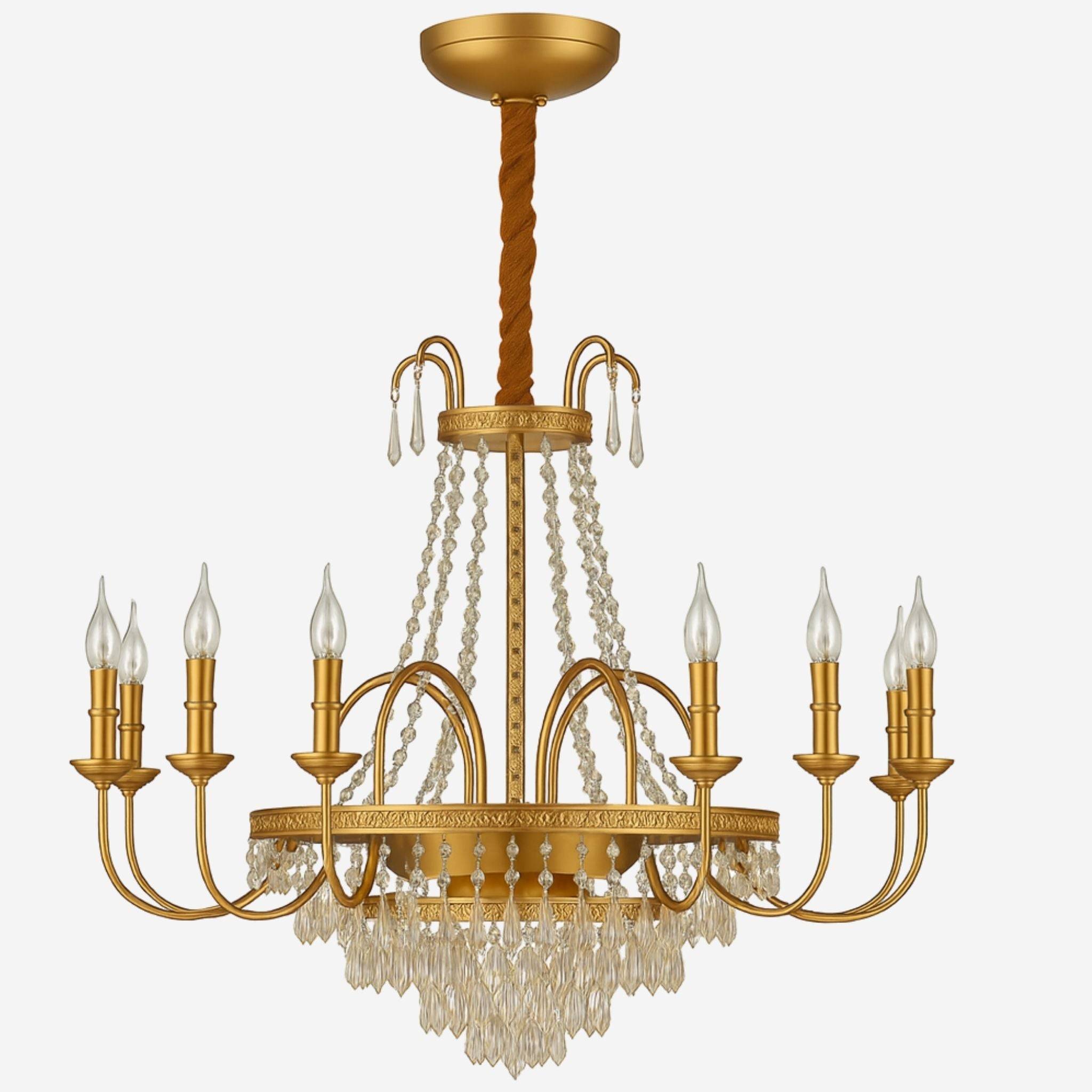 Empire ljuskrona 8 lampor, Stor klassisk takkrona i mässing med prismor Ø85 cm