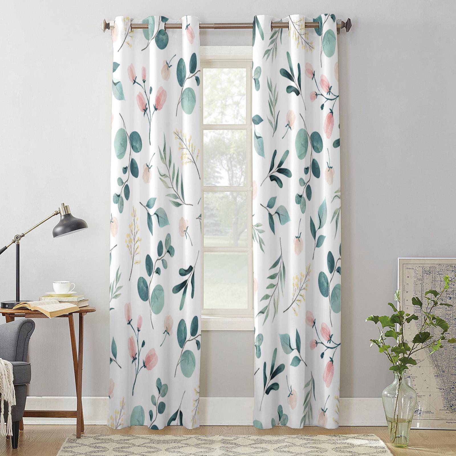 Plants Green Leaves Watercolor Window Curtains for Living Room Bedroom Curtain Modern Kitchen Blinds Drapes Curtains 135W x 60H(cm) x1
