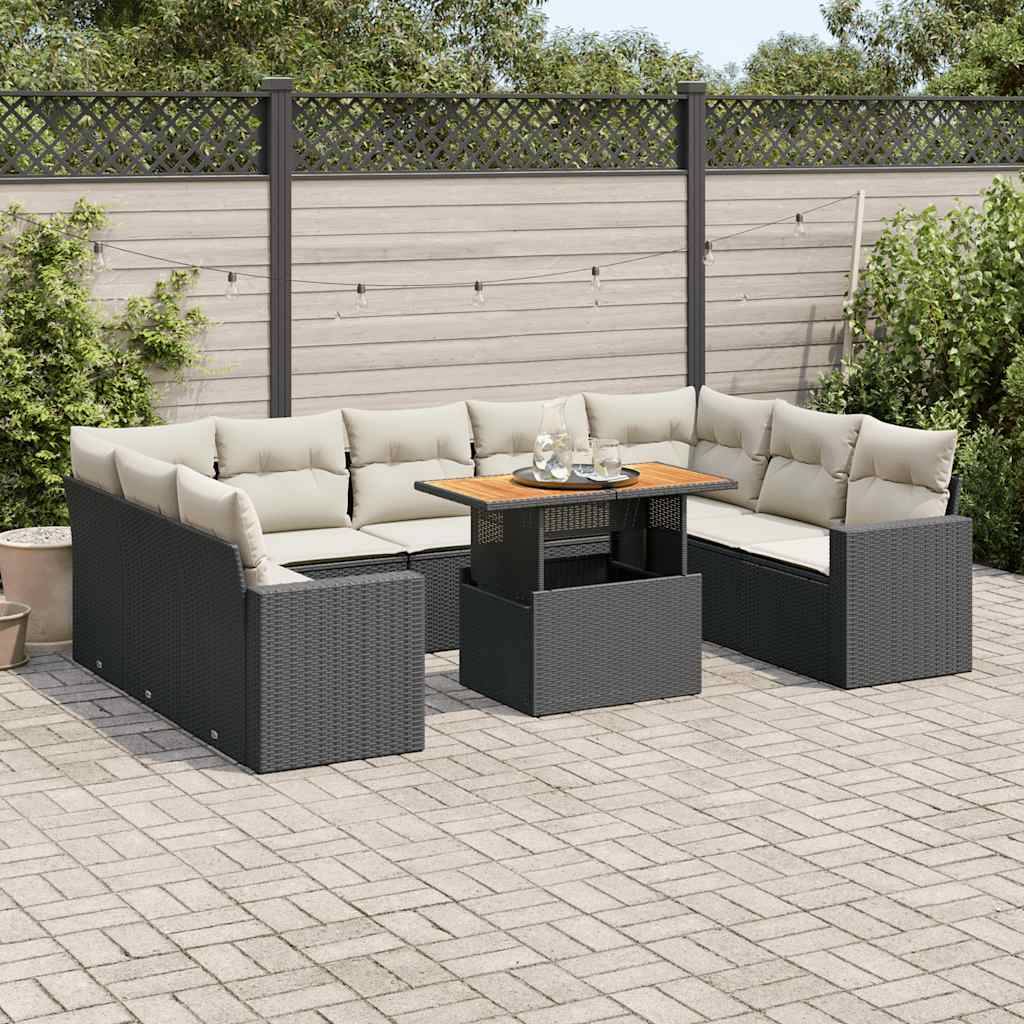 Sofasæt Til Haven 10 Dele Med Hynder Polyrattan - Sort og cremefarvet / 4X hjørnedel + bord + 5x midterdel