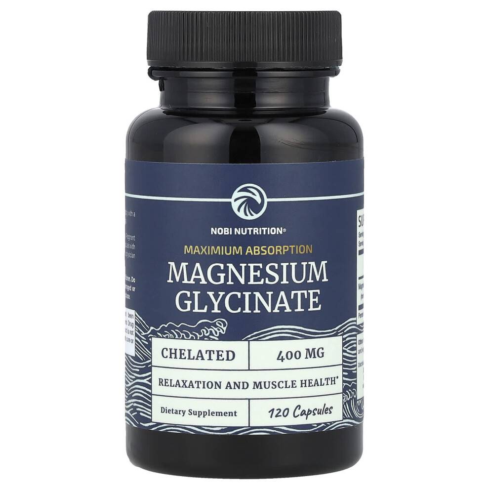 Nobi Nutrition, Magnesium Glycinaat, Maksimal Absorption, 400 mg, 120 Kapsler (200 mg per Kapsel)