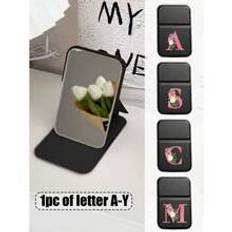 1pc Mini Black Foldable Portable Pink Floral Letters A-Y Makeup Mirror, Makeup Mirror With Bracket, Travel Mirror, Beauty Products, Desktop Makeup Mirror, Rectangular Desktop Compact Mirror Foldable Small Minimalist Makeup Mirror, Travel Portable Makeup Mirror For Women's Gift - Mother's Day Makeup Mirror