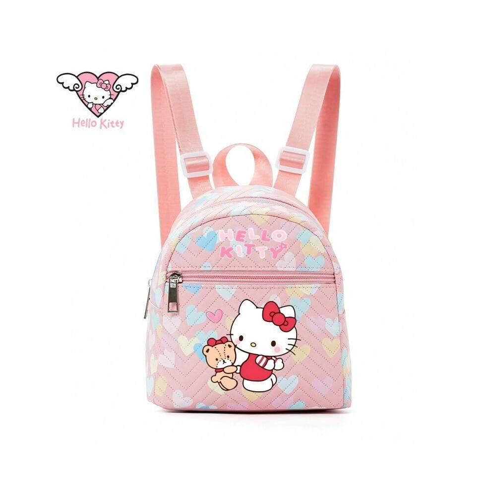 Hello Kitty Backpack for Girls, Versatile PU Material School Bag, 18x19x10cm, Pink with Hearts