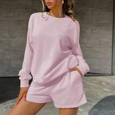 '100 % bomull dam sweatshirt Pocket Shorts Set i två delar, tunna vår/sommar träningsbyxor, Casual Mångsidig Holiday Street College Style - Rött läder (L,M,S,XL)