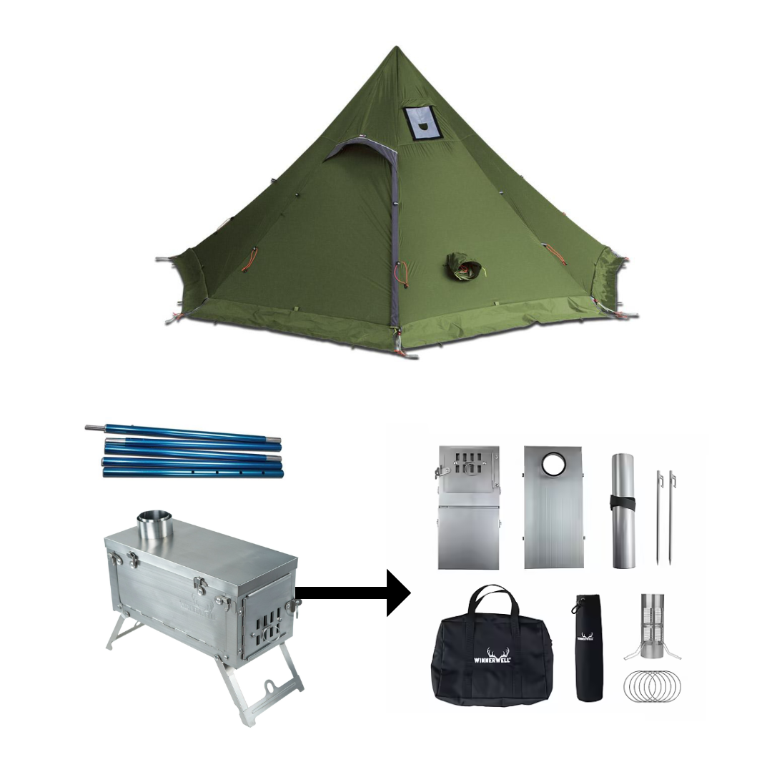 Komplett vintertält med kamin: Luxe F8e Grönt  med kamin & tältstav