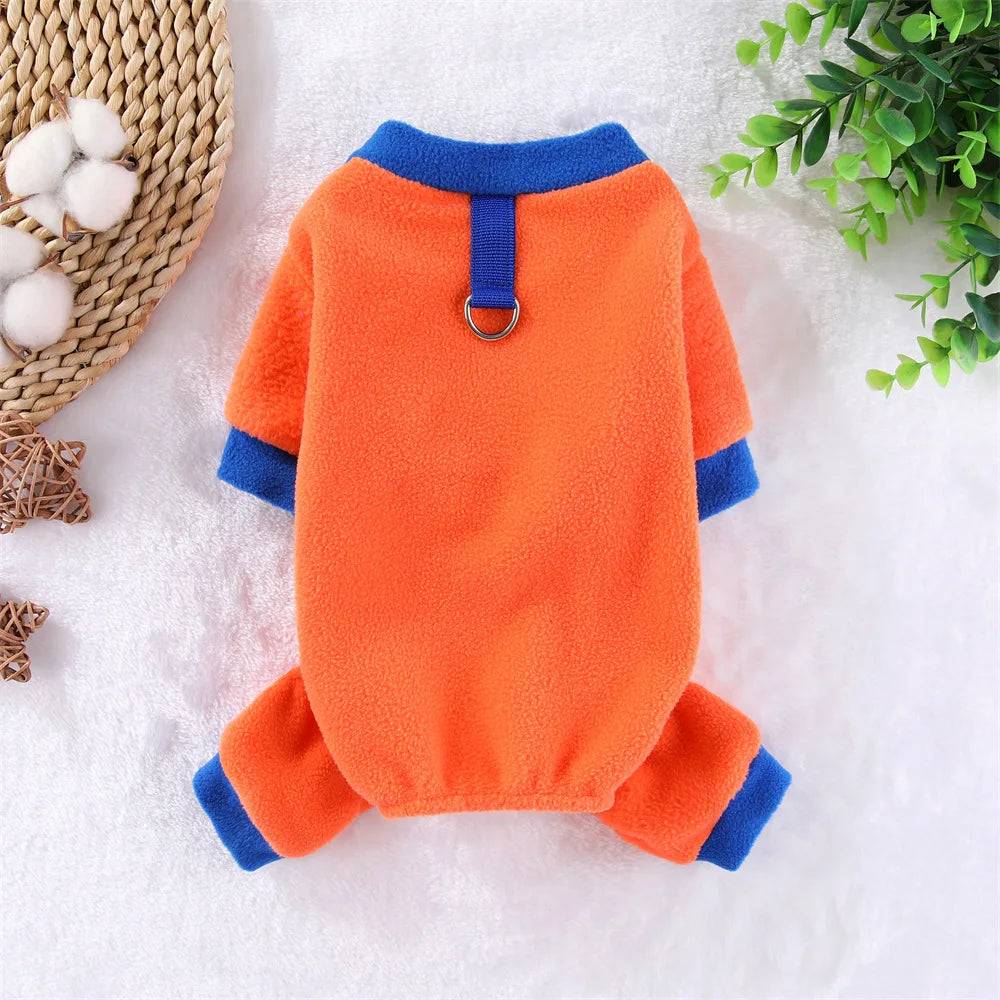Fleece Dog Jumpsuit Hoodie with Leash Ring — Warm Winter Coat for Dogs & Cats - Orange / XS (XS)