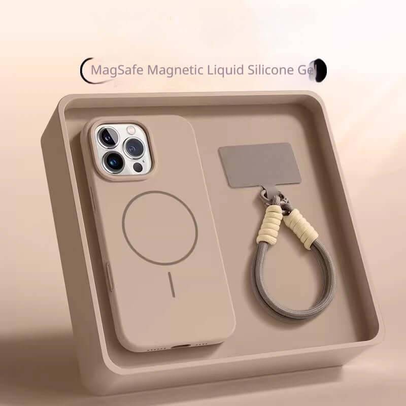 Drop-Proof Lanyard Magnetic Liquid Silicone Phone Case - Brown / IPhone 15 ProMax