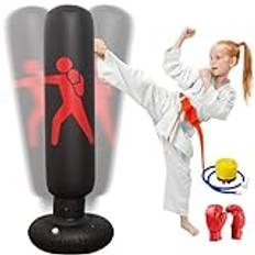 Oziral boxningssäck för barn, uppblåsbar boxningssäck, 160 cm stående boxningssäck med luftpump och boxhandskar för Karate kickboxning, träningsutrustning, gåva (svart)
