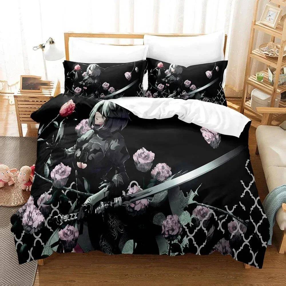 3D-tryck Spel NieR Automata YoRHa Nr.2 Typ B 2B Sängkläder Pojkar Flickor Dubbelsäng Queen Size Påslakan Örngott Säng Barn Vuxen AU Double 180x210cm