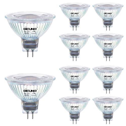 DiCUNO Dimbar GU5.3 LED-lampa, Kallvit 6000K, 6W ersätter 60W halogenstrålkastare, 12V, 650LM, MR16 LED, Dimbar GU5.3 LED-strålkastare för takmontering, Strålvinkel 40°, 10 stycken
