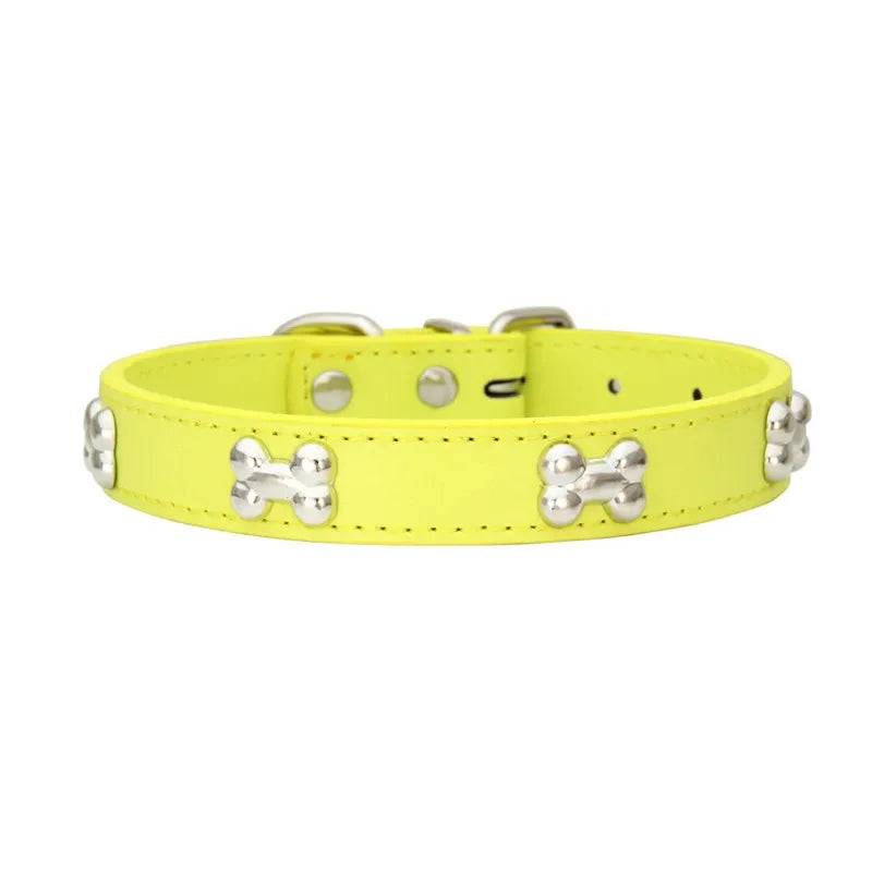 Durable Leather Dog Collar with Bone Design for Small to Large Dogs - Yellow / L