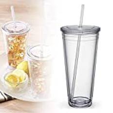 EUNEWR Plastmugg, resemugg med sugrör, dubbelskiktad plastförseglad kopp för fruktjuice smoothie juice kaffe, iskaffe (650 ml)