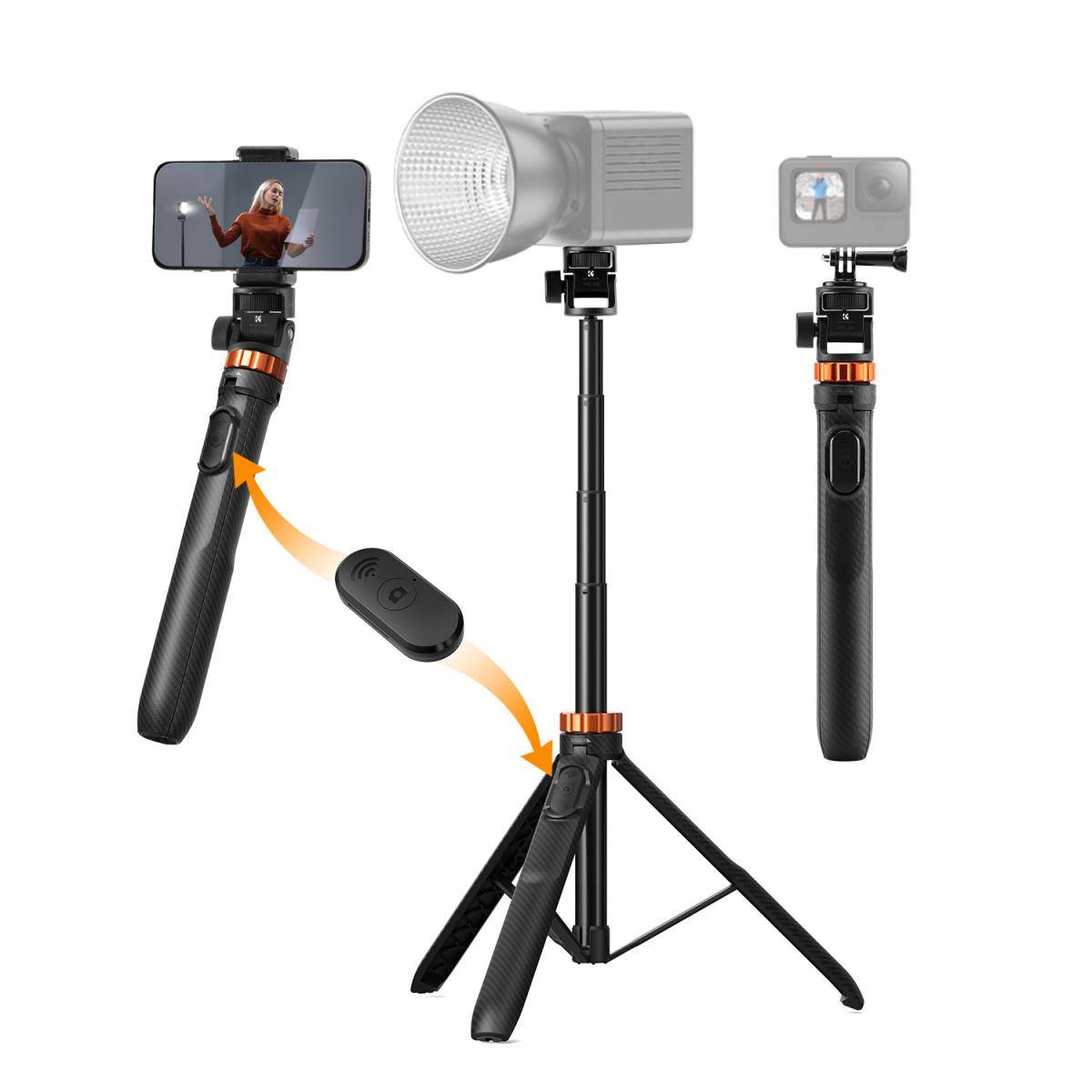 KENTFAITH K&F Concept 69''/175cm Iphone Selfie Stick Tripod, Compact Tripod with Phone Holder, Light Stand with Detachable Remote Control, Action Camera Adapter, Compatible with Phone/GoPro/Camera
