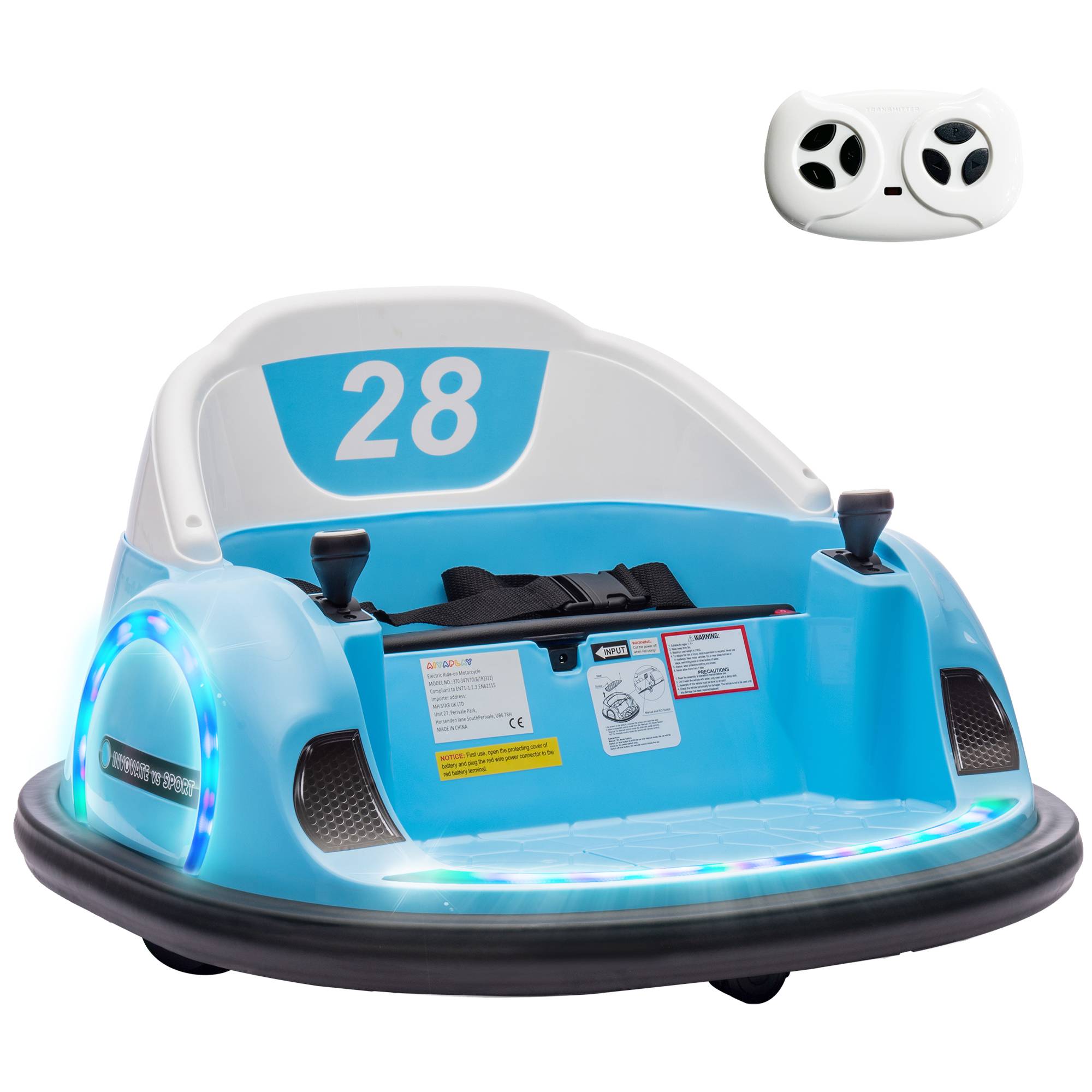 AIYAPLAY 360° Rotation Kids Bumper Car, 12V Waltzer Car with Remote Control, Dual Joysticks, Music Lights - Light Blue Aosom UK
