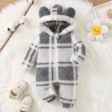 Nyfödd pojke Rutmönster Hooded Coral Fleece Dragkedja Romper, höst/vinter - Svart och Vitt (6-9M,0-1M,1-3M,3-6M)