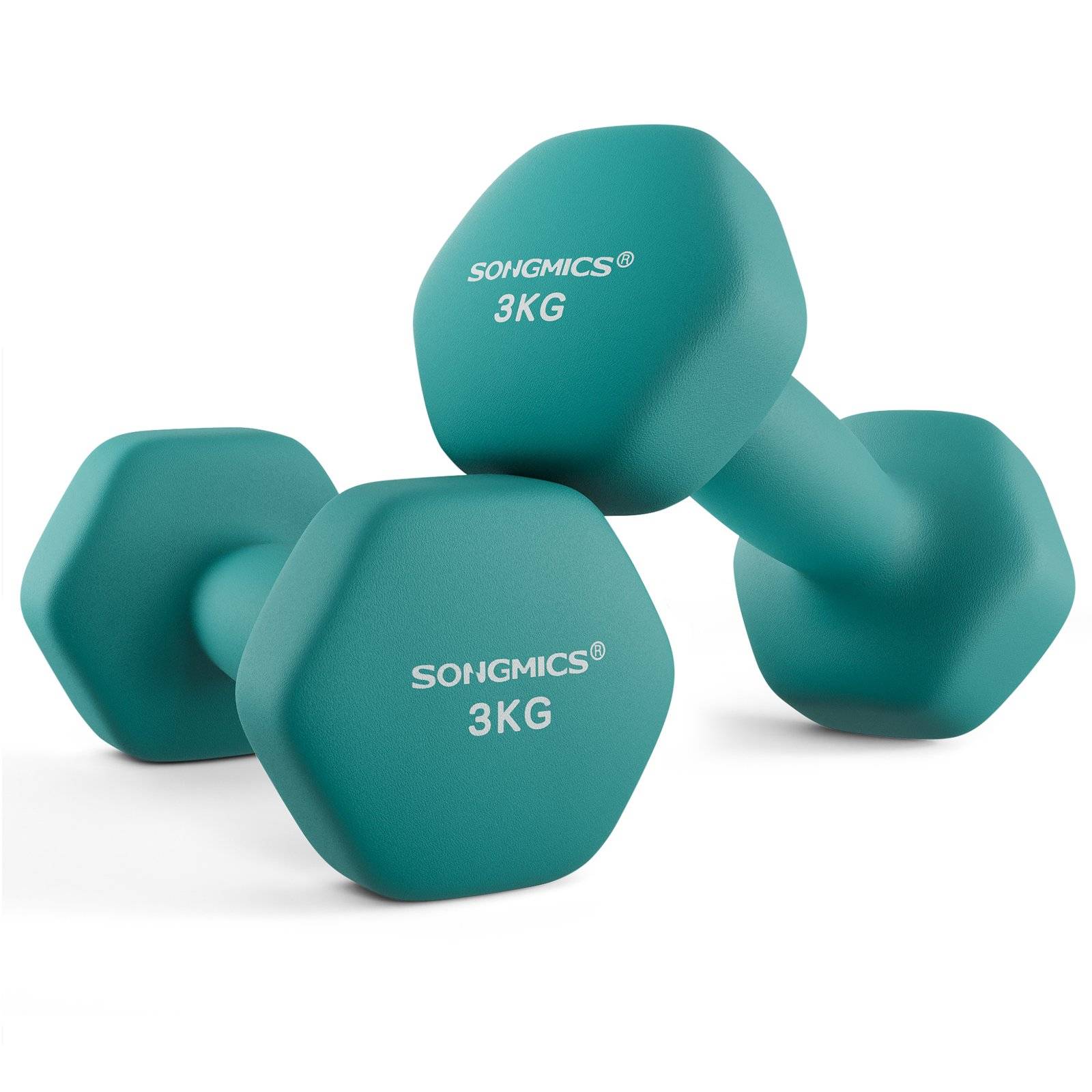 Set med 2 hantlar i neopren, 2 x 3 kg, med hantelstänger, hemmaträning, blågrön
