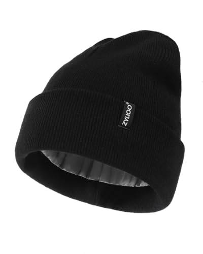 Zylioo Plus Size fleecefodrad mössa, 2XL/XL/L/M/S termisk stickad hatt, vinter varm fodrad snöhattar för kvinnor män, Satin fodrad svart, XL-XXL
