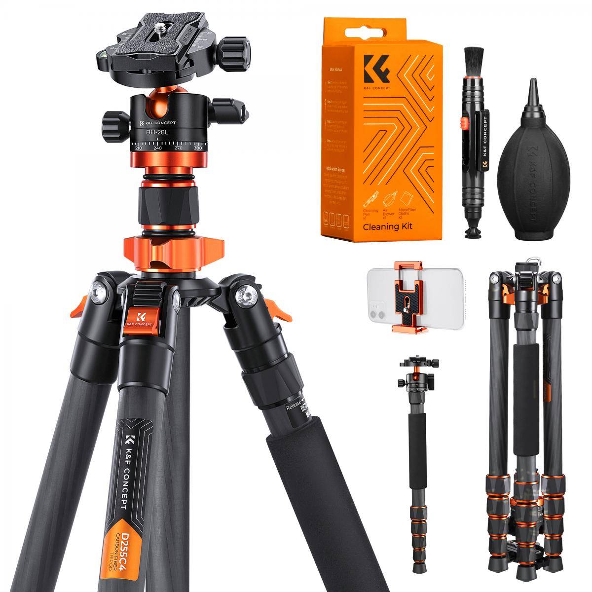 KENTFAITH 67"/1.7m Carbon Fiber Tripod 22lbs Load Lightweight Travel camera Tripod with Phone Mount for SLR DSLR, D255C4+BH-28L (SA255C1) + 4in1 DSLR Camera Cleaning Kit