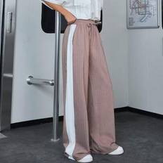 Dam Side Stripe Detaljerad Elastiskt Bälte Rak Byxa - Beige - L,M,S,XL