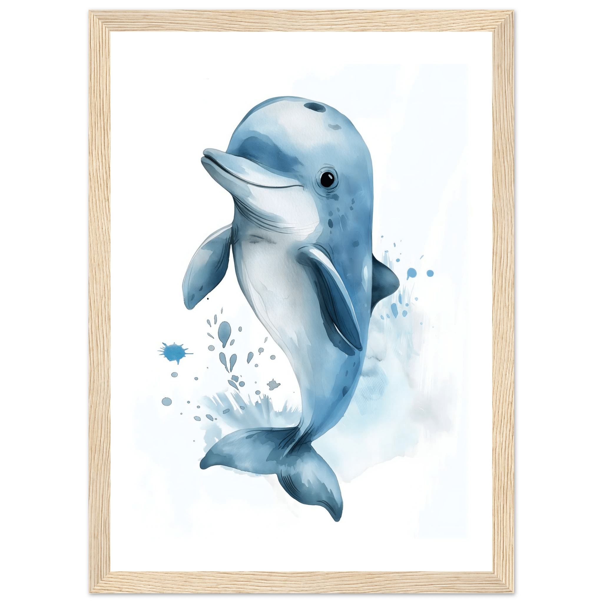 Söt delfin poster-21x29.7 cm / 8x12" / Med ram / Ljust trä